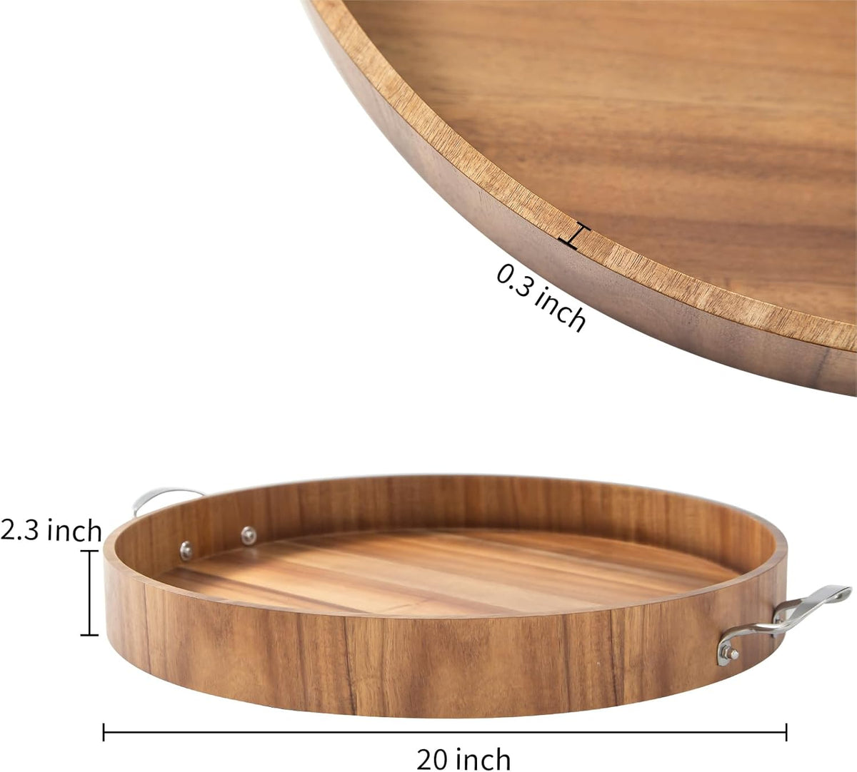 Ottoman Tray with Handles, 20 Inch Round Ottoman Tray Large Trays for Ottomans Wooden Serving Tray Decorative Trays for Living Room, Party, Breakfast