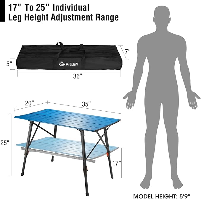 VILLEY Portable Camping Table with Adjustable Legs, Lightweight Aluminum Folding Beach Table with Carrying Bag for Outdoor Cooking, Picnic, Beach, Backyards, BBQ and Party - Blue