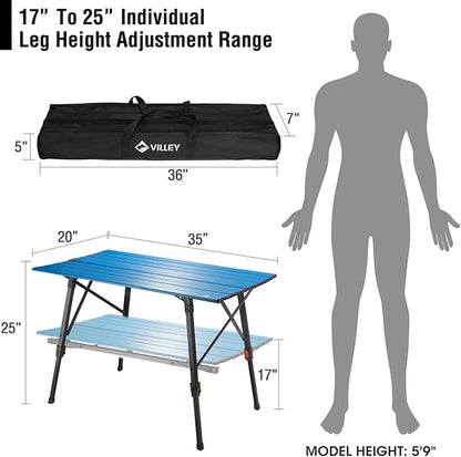 VILLEY Portable Camping Table with Adjustable Legs, Lightweight Aluminum Folding Beach Table with Carrying Bag for Outdoor Cooking, Picnic, Beach, Backyards, BBQ and Party - Blue