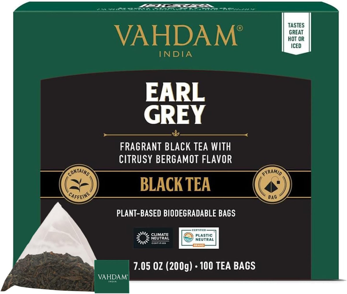 Vahdam, Earl Grey Black Tea Bags (100 Count) Medium Caffeine, Non GMO, Gluten Free, Citrus Bergamot & Smooth, Resealable Ziplock Pouch