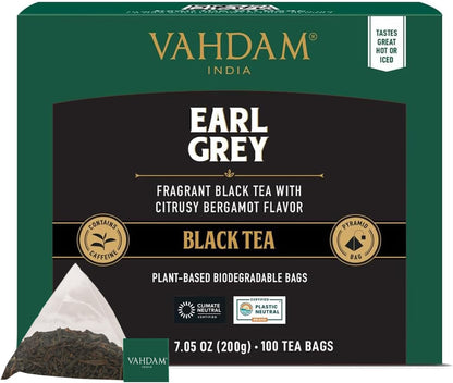 Vahdam, Earl Grey Black Tea Bags (100 Count) Medium Caffeine, Non GMO, Gluten Free, Citrus Bergamot & Smooth, Resealable Ziplock Pouch
