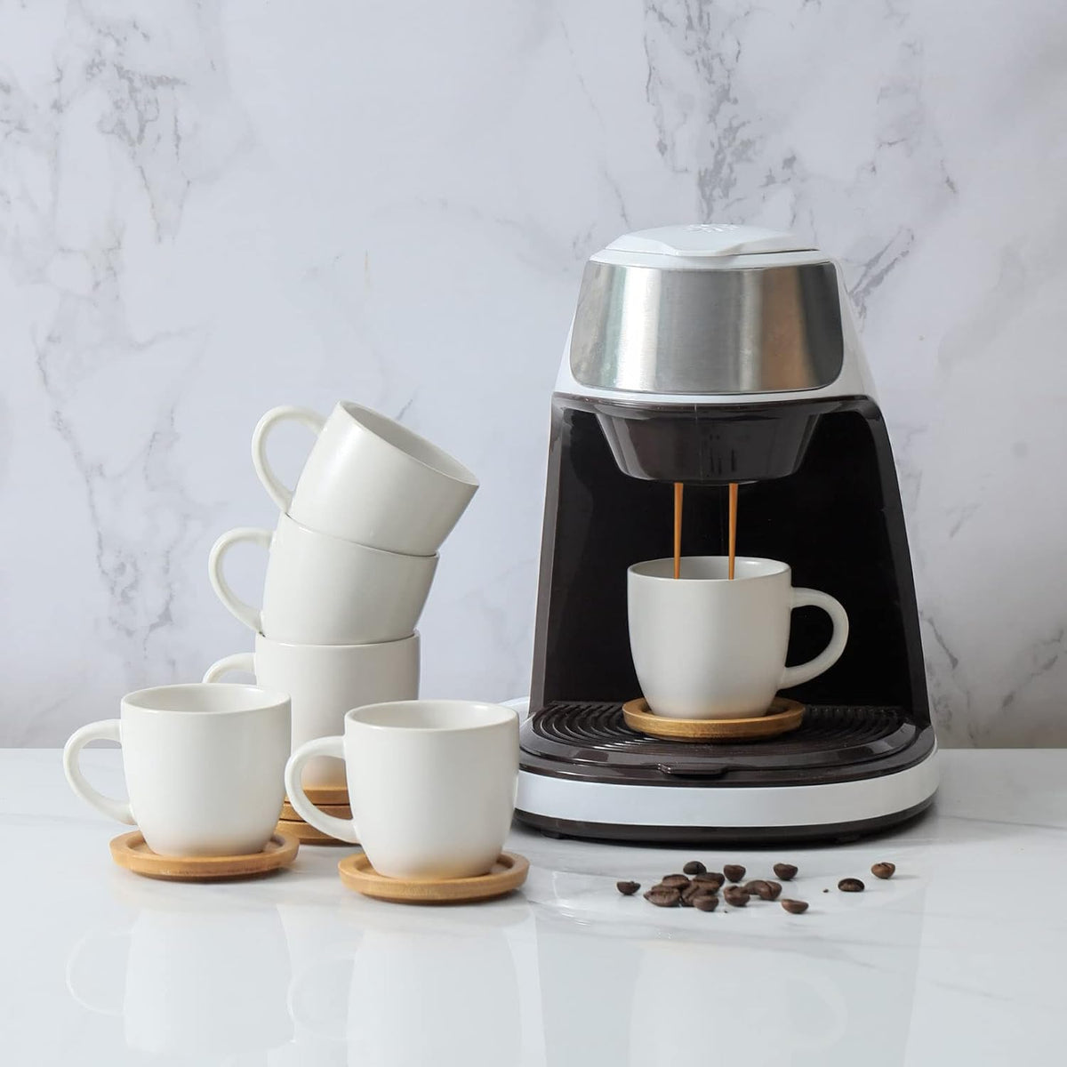 Hasense 3 Ounce Espresso Cups and Saucers Set of 6, Demitasse Cups with Handle for Coffee Drinks, Latte, Cappuccino, Cafe Mocha and Tea