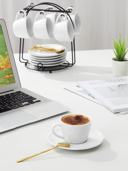 Yedio 4 oz Espresso Cups with Saucers and Metal Stand, Spoons, Porcelain Stackable Coffee Cups, Demitasse Cups, Perfect for Single or Double Espresso