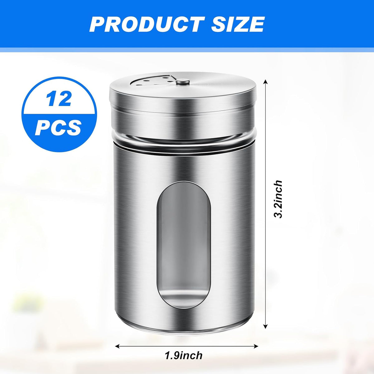 Dandat 12 Pcs Salt and Pepper Shakers Stainless Steel Spice Shakers with Adjustable Pour Holes and Glass Window 3.4oz Salt Dispenser Spice Jars with