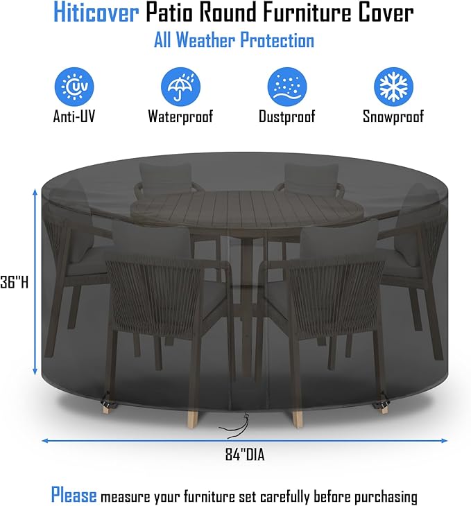 Round Patio Furniture Covers Waterproof, 84 Inch Outdoor High Round Table Cover, Tall Bar Height Outside Table and Chairs Set Covers for Winter, Rainproof Fadeproof - 84" Dia x 36" H
