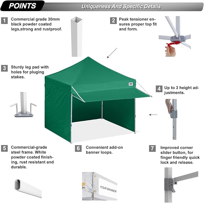 ABCCANOPY Ez Pop up Canopy Tent with Awning and Sidewalls 10x10 Market -Series, Forest Green