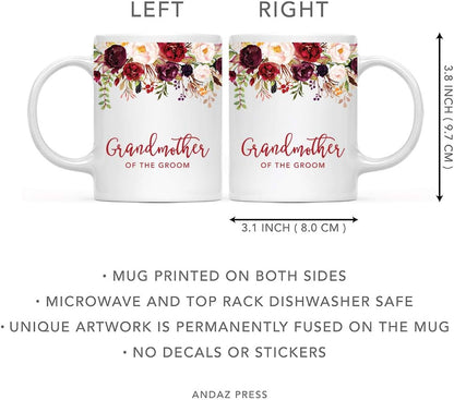 Andaz Press 11oz. Wedding Ceramic Coffee Tea Mug Gift, Fall Autumn Marsala Burgundy Flowers Roses Florals, Grandmother of the Groom, 1-Pack, Includes Gift Box