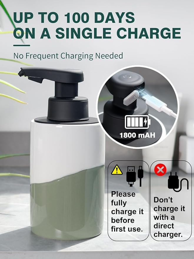 BosilunLife Automatic Soap Dispenser Ceramic Hand Free Soap Dispenser with Waterproof Pump Rechargeable Smart Electric Lotion Soap Dispenser Touchless (White-Green, Foam Pump)