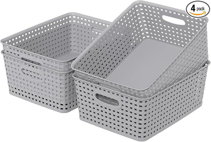Set of 4 Medium Plastic Organization and Storage Baskets, Stackable Mesh Bins for Home Office Classroom Use