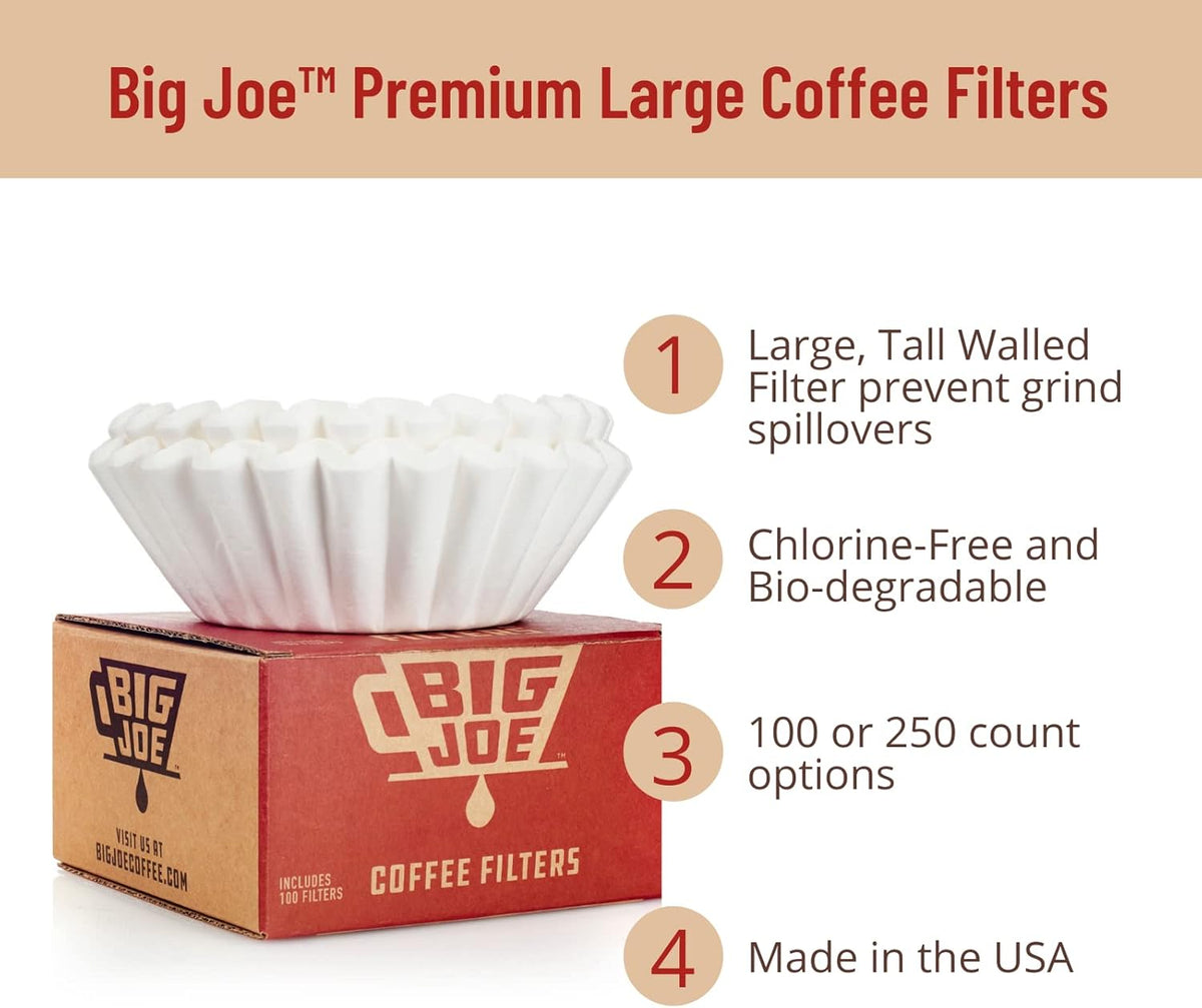 Big Joe® Large Coffee Filters (500 Count) - Tall Walled Commercial Coffee Filters (4 ¼ Inch base, 2 ¾ Inch Walls, 9 ¾ Inch Laying Flat)