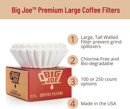 Big Joe® Large Coffee Filters (500 Count) - Tall Walled Commercial Coffee Filters (4 ¼ Inch base, 2 ¾ Inch Walls, 9 ¾ Inch Laying Flat)