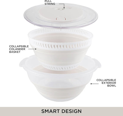 COOK WITH COLOR Collapsible Salad Spinner - 4 QT Space Saving Lettuce Dryer with Folding Collapsible Colander Great for Washing and Drying Fruit and Vegetables (White)
