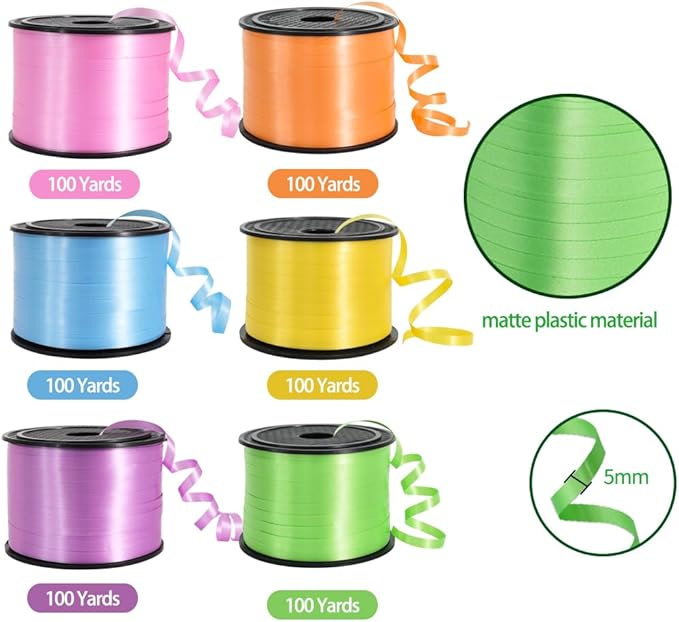 TONIFUL Curling Ribbon-6 Assorted Colors Balloon Curling Ribbons Set-600 Yards Balloon String for DIY Decor,Gift Wrapping,Ribbons and Bows for Christmas New Year Birthday Gifts Supplies(Light Rainbow)