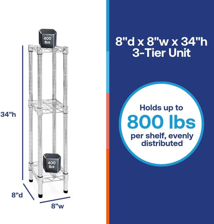 Shelving Inc. 8" d x 8" w Chrome Wire Shelving with 3 Tier Shelves, Weight Capacity 800lbs Per Shelf