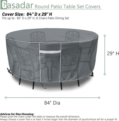 Gasadar Round Patio Furniture Covers Waterproof, Round Outdoor Furniture Cover for Patio Table and Chairs Set, Heavy Duty 600D, 84" Dia x 28" H, Grey