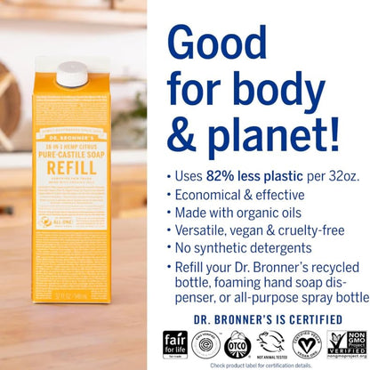 Dr. Bronner's Magic Soap-Pure-Castile Liquid Refill (Citrus, 32 ounce, 2-Pack) - Made with Regenerative Organic Certified Oils, For Body, Hair, Laundry, Pets & Dishes - Concentrated, Vegan, Non-GMO