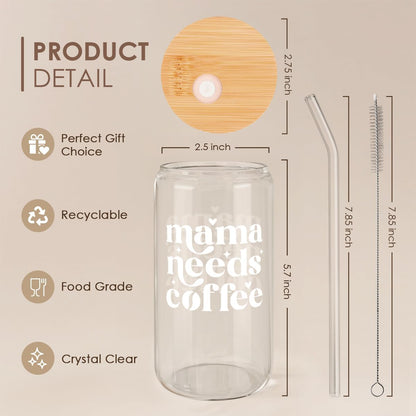 Mom Glass Can, Mama Needs Coffee Cup with Lid &amp; Straw, Iced Coffee Aesthetic Cups, Idea Gifts for Christmas Birthday Mother Day, Gifts for Women, 16oz