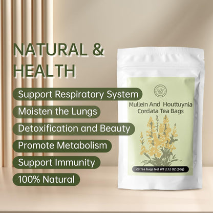 Mullein and Houttuynia Cordata Herbal Tea -Lung Clean,Detox & Respiratory Support,Moisturizing and Nourishing Lung, Natural Herb,20 Tea Bags 60g(2.12oz)