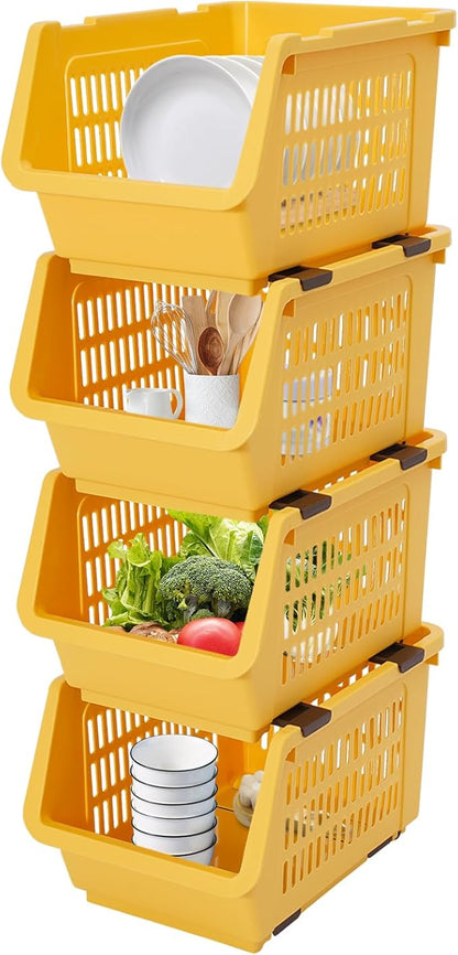 4-Pack Stackable Plastic Storage Baskets - Open Front Organizer Bins for Kitchen, Pantry, and Bathroom Essentials (Yellow)