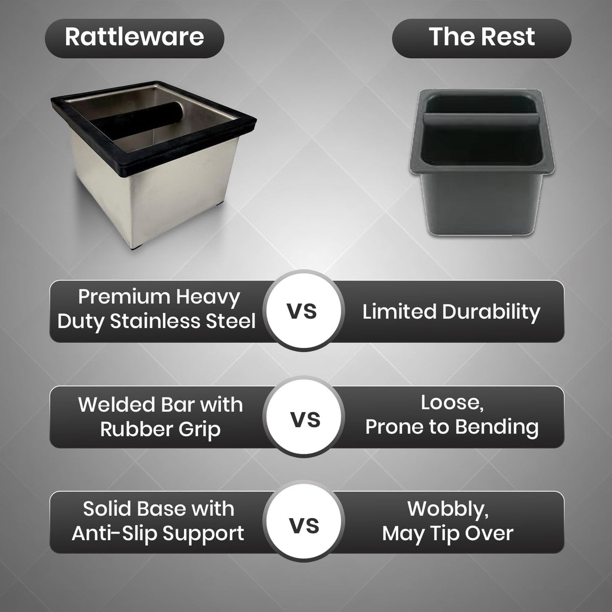 Rattleware Heavy-Duty Stainless Steel Knock Box Espresso Puck Disposal with Welded Bar Splash Guard, Ideal for Home, Cafe, Restaurant, Hotel, Coffee Bar, or Espresso Station (6" x 5.5" x 4")