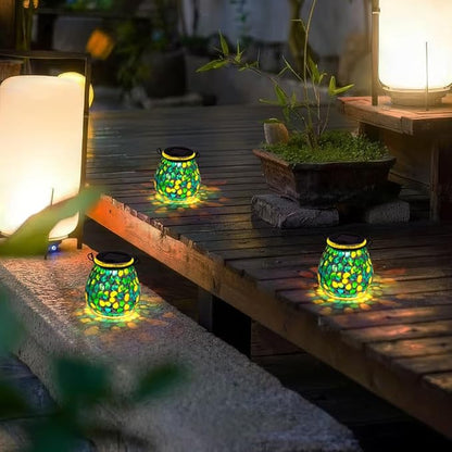 Starsoul Solar Lanterns Outdoor Waterproof, Unique Green Mosaic Glass Solar Garden Lights, Decorative Outdoor Lantern for Outside Patio Pathway Porch Yard Table