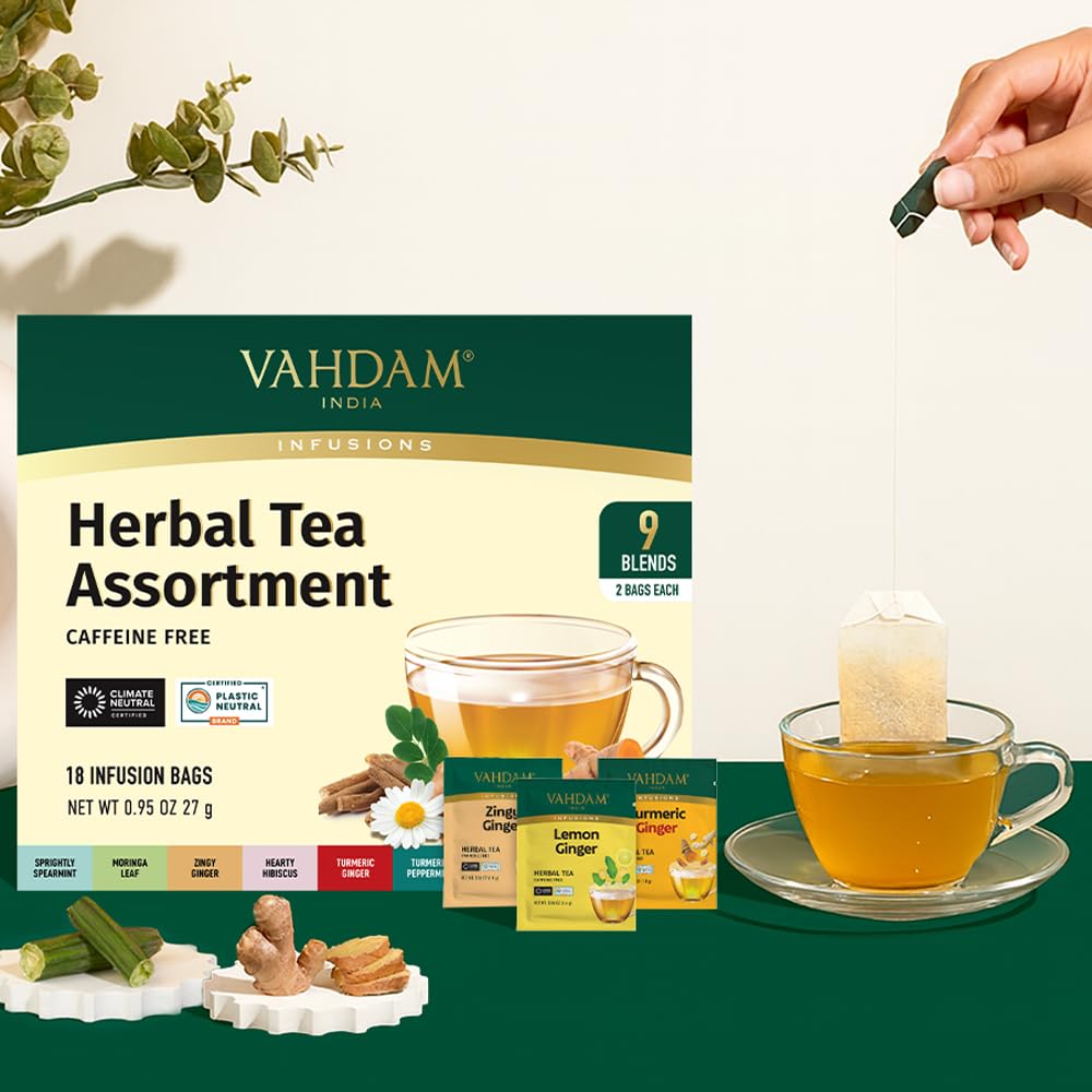 Vahdam, Assorted Herbal Tea Sampler (18 Tea Bags, 9 Flavors) Caffeine-Free, Non-GMO, Double Infusion, Individually Enveloped Tea Bags