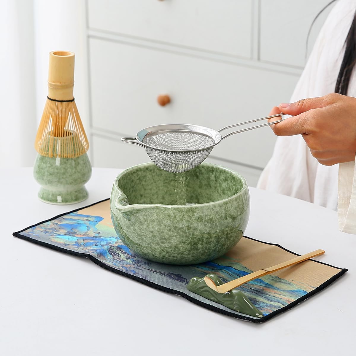Matcha Set, 7 Pieces, Matcha Bowl with Spout, Whisk, Holder, Bamboo Scoop, Stainless Steel Sifter Matcha color