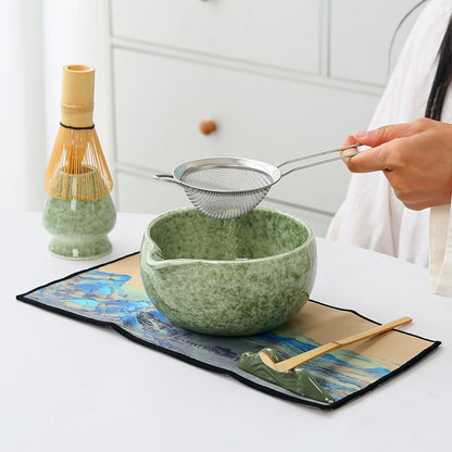 Matcha Set, 7 Pieces, Matcha Bowl with Spout, Whisk, Holder, Bamboo Scoop, Stainless Steel Sifter Matcha color