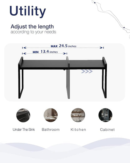 Nxconsu Expandable Cabinet Shelf Organizer Riser for Kitchen Pantry Cupboard Under Sink Countertop Home Storage Organization Rack Space Saver Freestanding Heavy Duty Nonslip Stackable Black