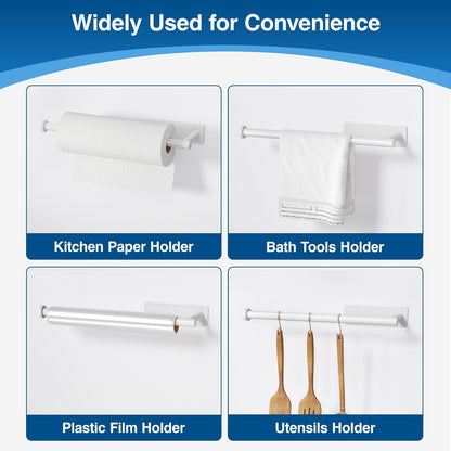 Paper Towel Holder - Self-Adhesive or Drilling, White Wall Mounted Rack - SUS304 Stainless Steel Kitchen Roll Holder Under Cabinet (2 Pack)