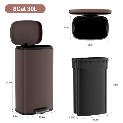 Arlopu 8 Gallon Step Trash Can, Stainless Steel Garbage Bin, Soft-Close Rubbish Bin with Removable Plastic Inner Bucket, Fingerprint-Proof, Lid Dustbin, Suit for Kitchen Home (Brown, 30L)
