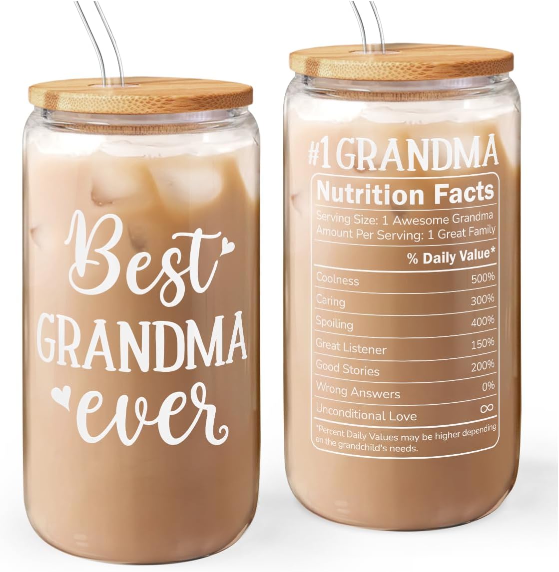 Grandma 16 Oz Can Glass Tumbler with Bamboo Lid and Straw - Iced Coffee Cups for Women