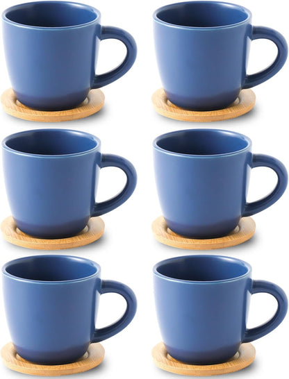 Hasense 8 oz Tea Cups and Saucers Set of 6, Ceramic Coffee Cups Latte Cappuccino Cups with Handle for Double Shot, Cafe Mocha, Espresso, Porcelain Coffee Cups for Party Home and Kitchen, Blue