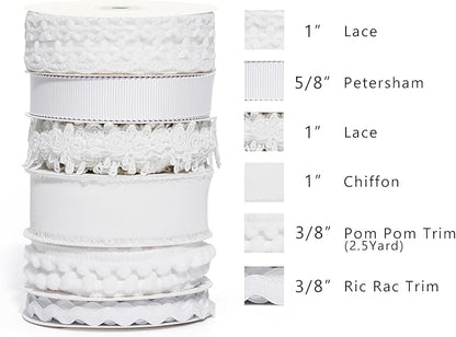 LaRibbons White Ribbons for Crafts 6 Rolls 27.5 Yards TTL Thin Ribbon for Sewing Wedding Gift Wrapping Home Decor