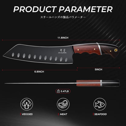 Santoku Knife 7 Inch - Japanese Chef Knife for Fish, Bunka Knife for Meat, Kiritsuke Knife for Vegetables, Black Slicing Knives with Full Tang Handle
