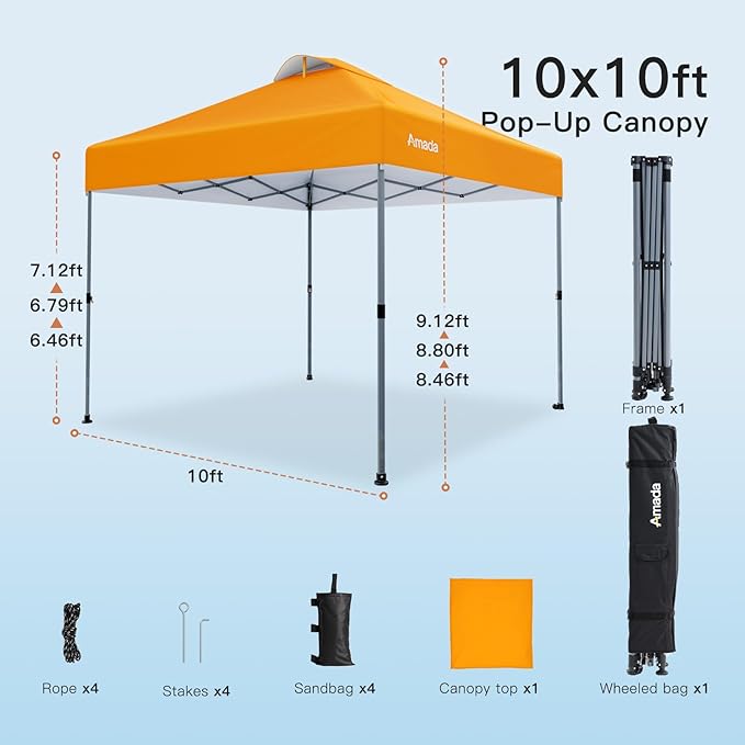 Amada 10x10 Pop Up Canopy - Center Lock One Push Instant Setup Wheeled Gazebo Outdoor Canopy Beach Tent with STO-N-Go Bag 8 Stakes & 4 Sand Bags, 3-Height Adjustable Shade Shelter (10x10ft, Orange)
