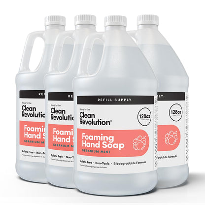 Clean Revolution Foaming Hand Soap Refill Supply Container, Ready to Use Formula, Gluten Free, Geranium Mint Fragrance, 128 Fl. Oz, 4 Pack - Made in USA