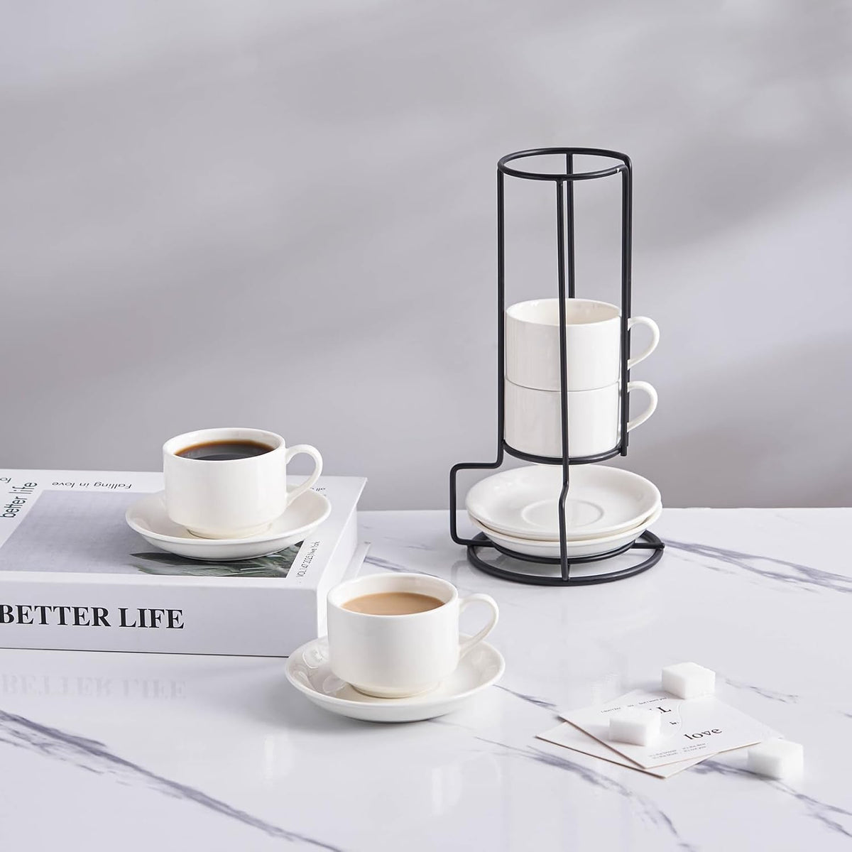 YOLIFE 2.5oz Porcelain Stackable Espresso Cups with Saucers and Metal Stand Set of 4, Stackable Cappuccino Cups, White Expresso Shots Cup Set for Coffee Drinks, Latte, Tea
