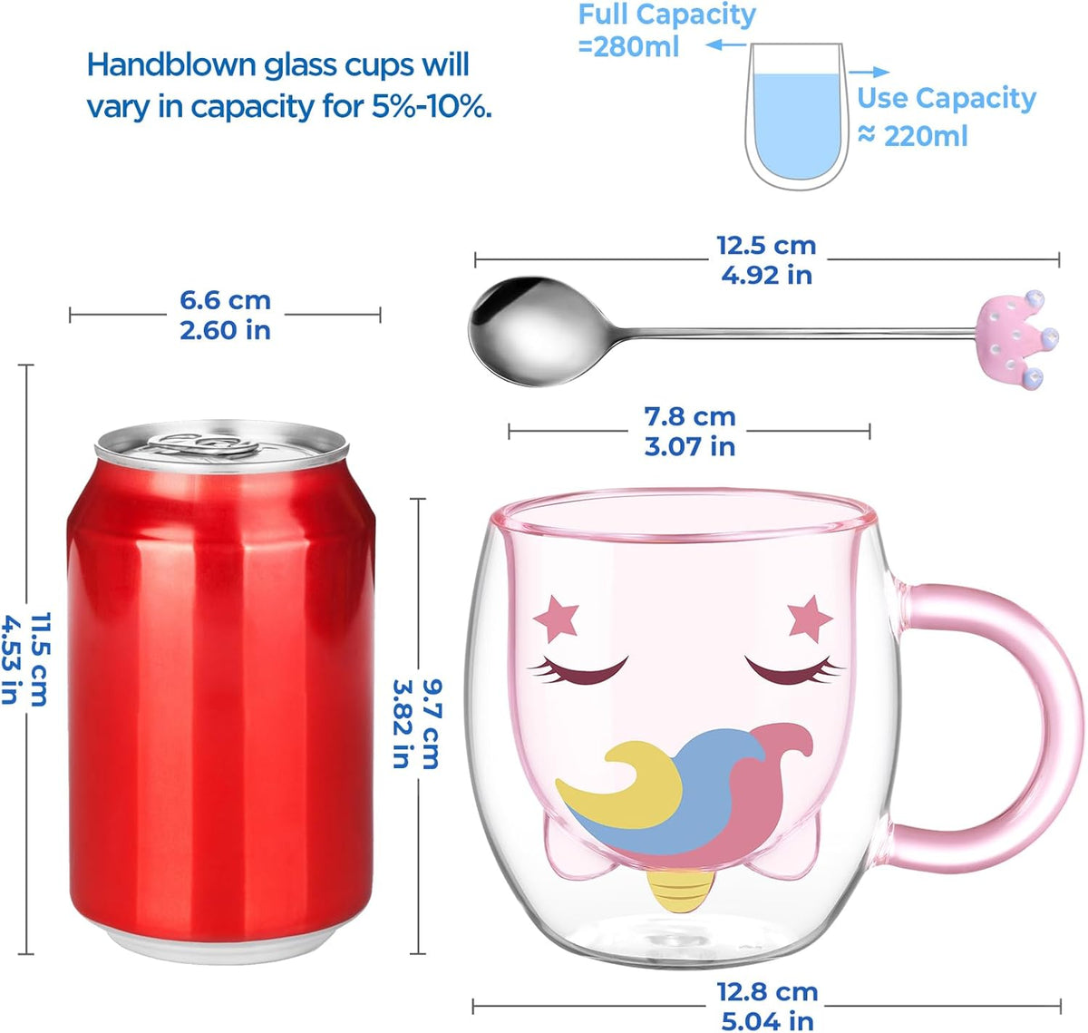ecooe Cute Unicorn Mug Double Walled Glass Mug 9.4oz Coffee Cup Cappuccino Latte Glass Milk Tea Cup with Handle Spoon