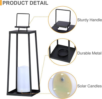 Solar Lantern Decorative Outdoor Set of 2 (18’’ & 15’’) Modern Black Metal Lanterns with Solar Candles, Decorative Candle Lanterns for Outdoor Porch, Patio, Garden, Yard Decor