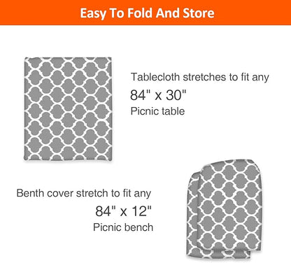 7ft Picnic Table and Bench Cover, Camping Essentials RV Gear, 84 in Waterproof Windproof Outdoor Elastic All Around Tablecloth, Fitted Rectangle Tables and Seats, Gray-White Moroccan