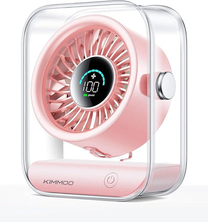KIMMOO Rechargeable USB Desk Fan, Quiet Table Fan with Turbo Airflow, 100 Speeds, Digital Display, 90° Rotating, Small Battery Desktop Fans for Bedroom Home Office Travel, Pink