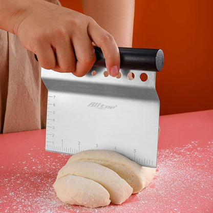 Alltop Bench Scraper & Chopper with Herb Stripper,Stainless Steel Multipurpose Kitchen Baking Tool for Bread Dough Pastry Cake -Leaf Remover with