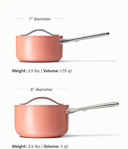 Caraway Nonstick Ceramic Sauce Pans with Lids (3 qt & 1.75 qt) - Non Toxic, PTFE & PFOA Free - Oven Safe & Compatible with All Stovetops (Gas, Electric & Induction) - Perracotta