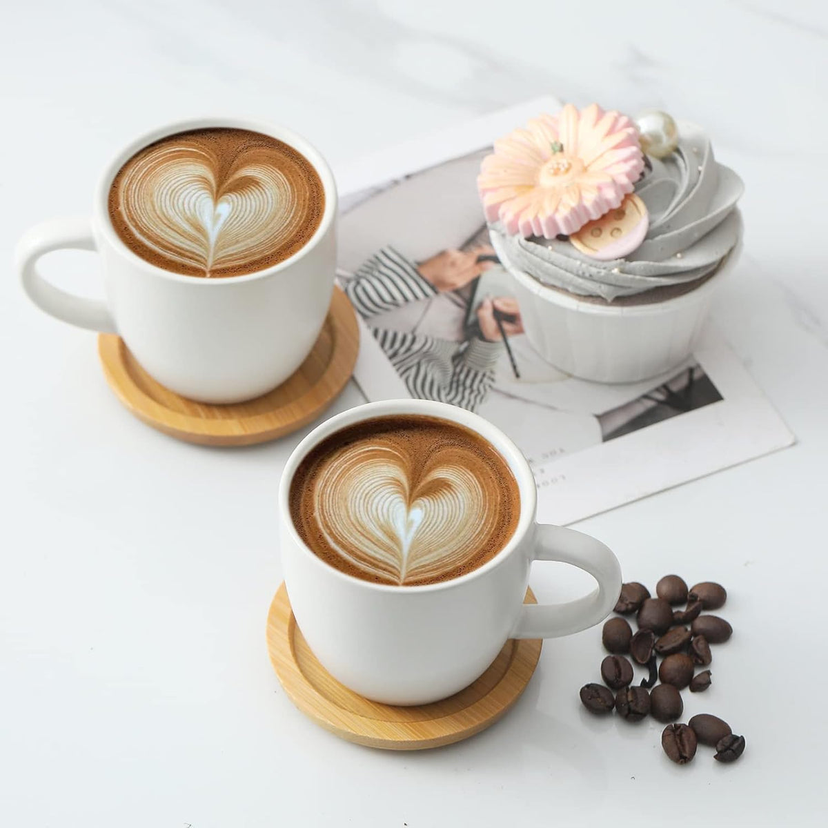 Hasense 3 Ounce Espresso Cups and Saucers Set of 6, Demitasse Cups with Handle for Coffee Drinks, Latte, Cappuccino, Cafe Mocha and Tea