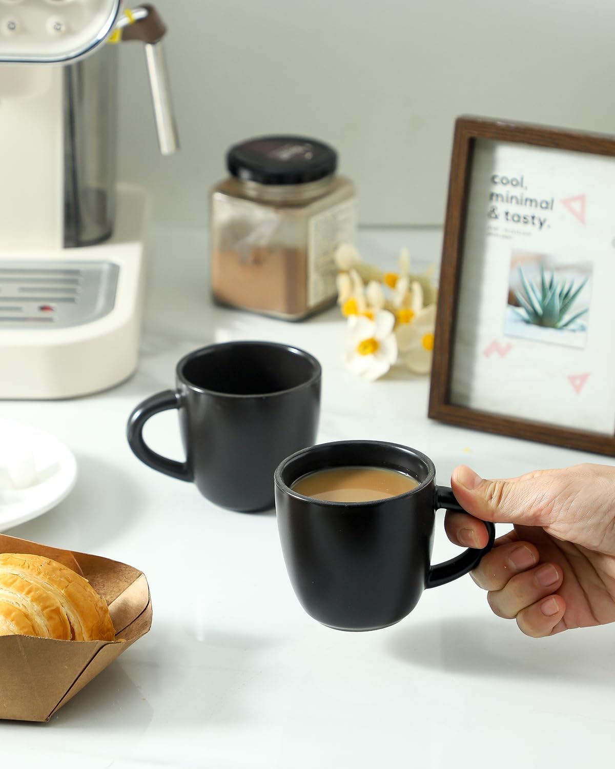 Hasense Espresso Cups Set of 4 Perfect for Demitasse, Cappuccino, Tea Bag and Juice, 5 Ounce Ceramic Stackable Mini Coffee Mugs Suit for Espresso Machine and Coffee Maker, Black