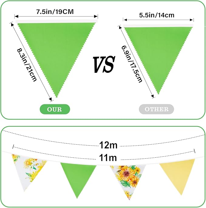 G2PLUS 39Ft Triangle Bunting Banner, Yellow & Green Sunflower Garland Pennant Banner, Reusable Cotton Triangle Flags Party Decoration for Garden Party, Fall Decor & Outdoor Celebrations