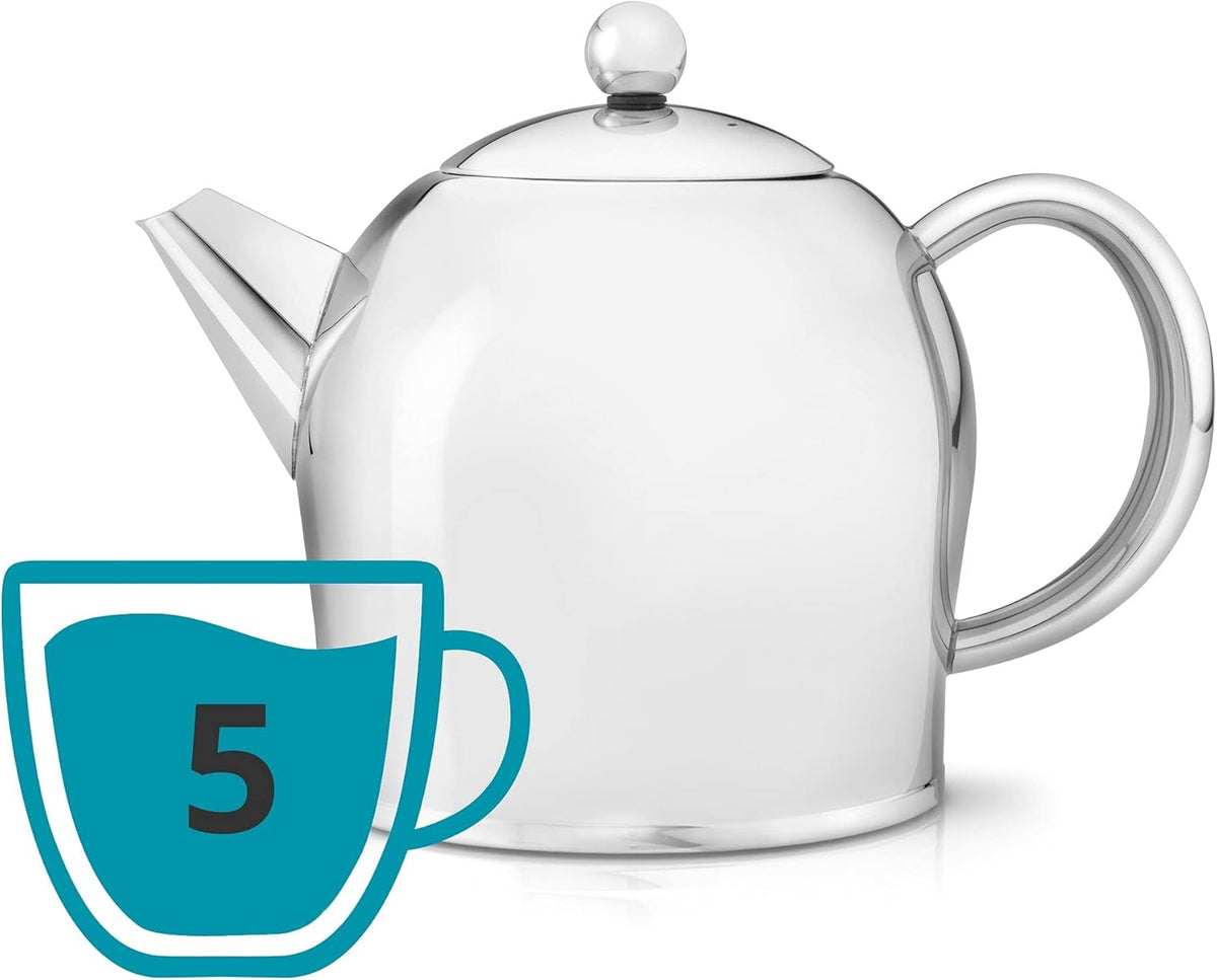 Santhee Double Walled Teapot, 1.0-Liter Stainless Steel Glossy Finish with Glossy Accents