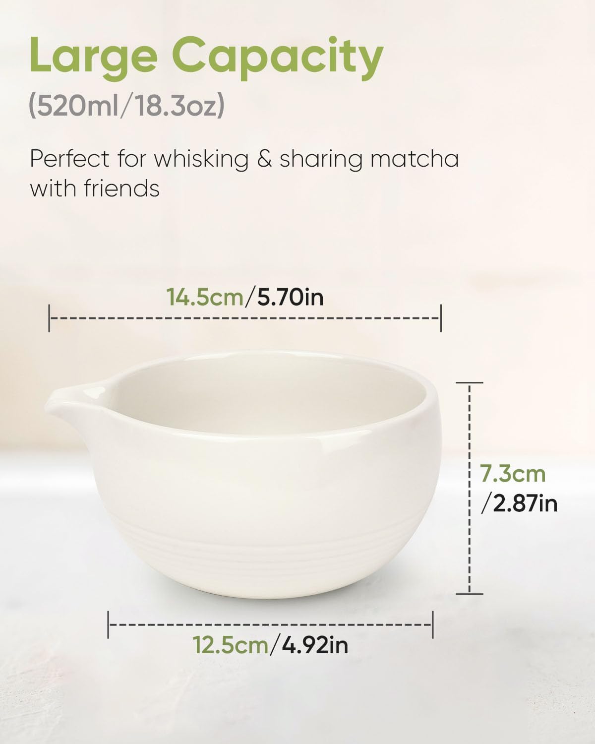 Matcha Bowl and Whisk Holder Set, Ceramic Tea Bowl and Whisk Stand, Matcha Tea Mixing Bowl with Spout (18 Ounce), Whisk Rest, Ivory White