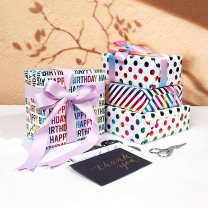 Birthday Wrapping Paper Iridescent Gift Wrapping Paper Mini Roll Baby Girl Shower Wrapping Paper, 3 Rolls Happy Birthday Polka Dots Stripes Printed Assortment - 17 inch x 120 inch(10feet) Per Roll